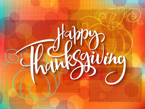 Vector greeting thanksgiving banner with hand lettering label - happy thanksgiving - with doddle pumpkin