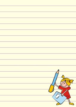Girl with workbook and pen on sheet of paper, vector illustration