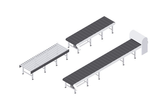 Design Of Conveyor Belts And Rollers Equipment Set For The Industry. Isometric Vector Illustration