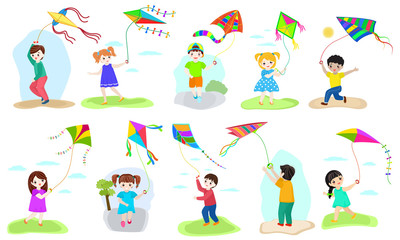 Fototapeta premium Kids kite vector child character boy and girl playing childly kiteflying activity illustration set of children with kites game isolated on white background