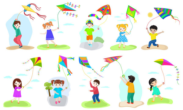 Kids kite vector child character boy and girl playing childly kiteflying activity illustration set of children with kites game isolated on white background