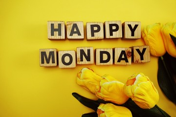 happy monday with yellow tulip flower on yellow background