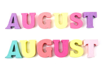 colorful august word letters isolated on white background