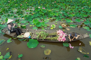 Vietnamese boy playing with mom boating the traditional wooden boat for keep the pink lotus in the big lake at thap muoi, dong thap province, vietnam, culture and life concept