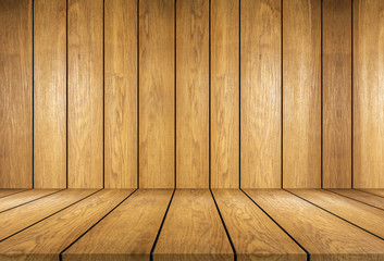 Wooden board and wooden wallpaper background ,this is table top empty look like wooden room ,this image in background and texture concept