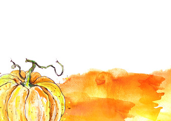 Watercolor postcard, tag, card. With a drawing of a pumpkin. Autumn harvest, a card for Halloween, an invitation to a holiday and more. With a place for an inscription. Abstract splash of orange paint