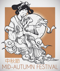 Draw of Moon Deity and Rabbit for Mid-Autumn Festival, Vector Illustration
