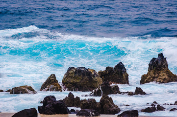 Rocky beach at in the evening. Porto Moniz. Madeira. Portugal