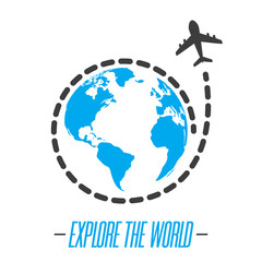 Explore the world icon with plane flying around the world 