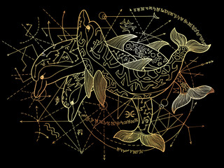 Three golden dolphins with geometric lines on black background. Esoteric, occult, new age and wicca concept, fantasy illustration with mystic symbols and sacred geometry