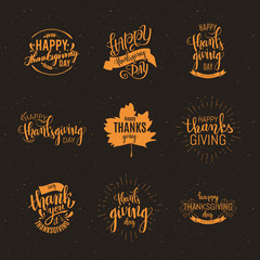 Happy Thanksgiving emblems set, brush pen calligraphy, vector illustration