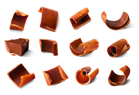 Realistic chocolate pieces and shavings. Vector illustration isolated on white background. Ready for your design. EPS10.