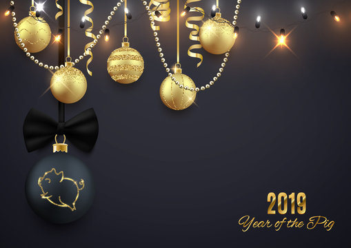 Pig glitter logo on Christmas decorative ball, New year 2019 chinese horoscope symbol, vector illustration