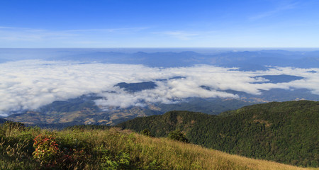 Mountain landscape at sunset, Bird eye view.