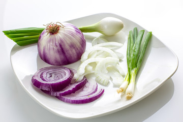 Plate full of chopped onions with sweet onions, mexican onions and green onions on a white plate on the kitchen table.