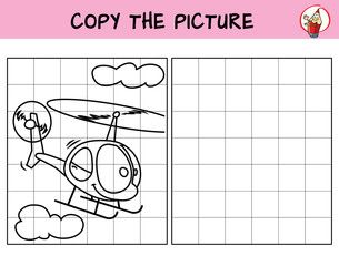 Smiling helicopter in flight. Copy the picture. Coloring book. Educational game for children. Cartoon vector illustration