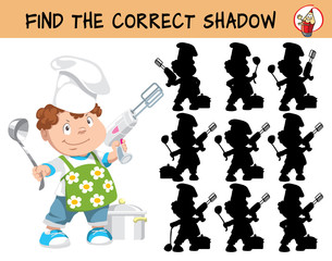 Little chef with a spoon and a mixer. Find the correct shadow. Educational matching game for children. Cartoon vector illustration