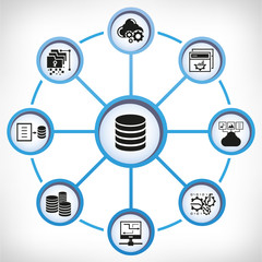 database and web analytics icons in circle diagram on white background