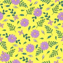 Tuinposter purple hand drawing crayon flower seamless pattern on yellow background © Abdie