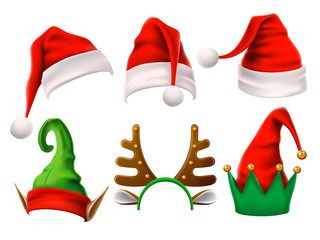 Christmas holiday hat. Funny 3d elf, snow reindeer and Santa Claus hats for noel. Elves clothes isolated vector set