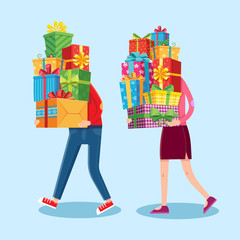 Carry gifts stack. Carrying christmas stacked presents in man and woman character hands. Heavy gift pile vector cartoon illustration