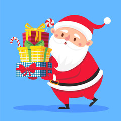 Santa Claus carry gifts stack. Christmas gift box carrying in hands. Heavy stacked winter holidays presents vector cartoon illustration