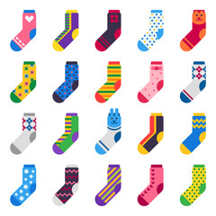 Sock icon. Sport long socks, kids feet clothes and striped warm hosiery isolated vector flat set
