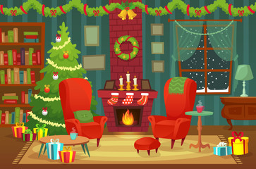 Decorated christmas room. Winter holiday interior decorations, armchair near fireplace and xmas tree vector background illustration