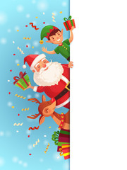 Christmas cartoon characters. Santa Claus, xmas elf character and reindeer with red nose sidebar signboard vector background