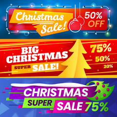 Xmas sale banners. Advertising christmas marketing deals, winter holiday sale and special season offer vector banner set