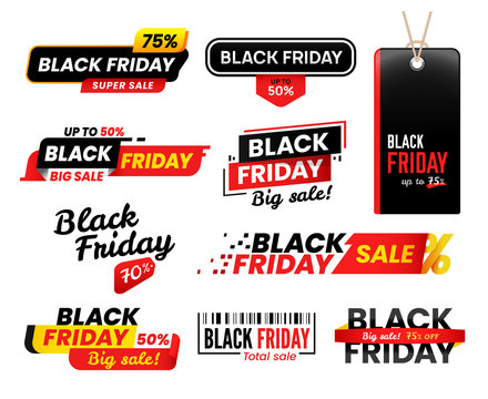 Black friday labels. Sale sticker for thanksgiving fridays sales, shopping tag stickers label designs vector set