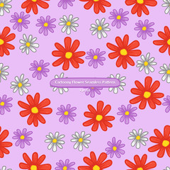 cartoony violet red and white flower on purple background seamless pattern