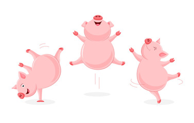 Set of funny cute cartoon pig dancing. Character design. Vector illustration isolated on white background.