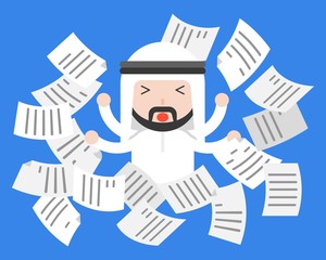 Cute Arab businessman distress or frustrate with flying paper, business situation work life balance concept