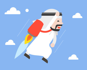 Cute arab businessman flying in sky with jetpack, leader concept