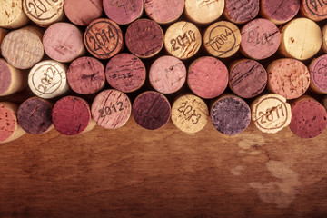 Wine corks background, overhead photo of red and white wine corks with a place for text