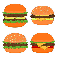 Isolated tasty fast food type of hamburger menu icon set