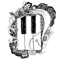 Graphic vector abstract piano keys in curvy plants and berries. Music sign.