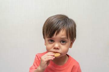 Cute baby boy toddler - eating wafer biscuit