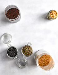 Frame cereals beans quinoa chickpea lentils buckwheat beans top view
