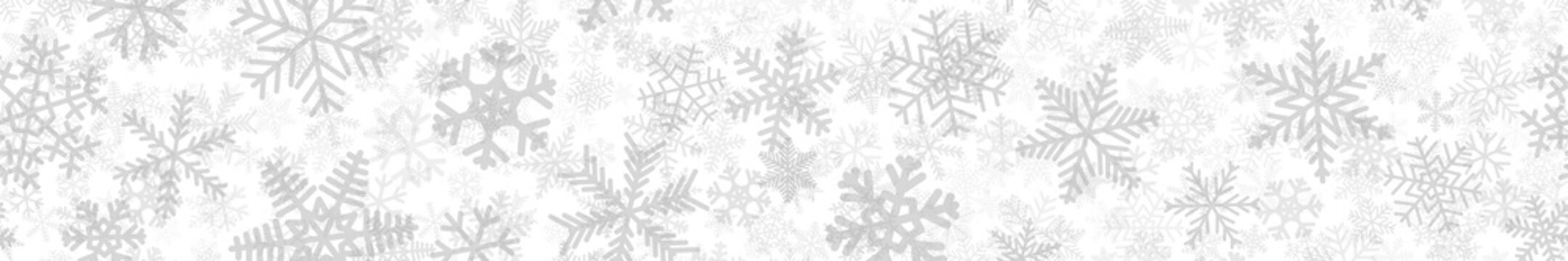 Christmas horizontal seamless banner of many layers of snowflakes of different shapes, sizes and transparency. Gray on white © Aleksei Solovev