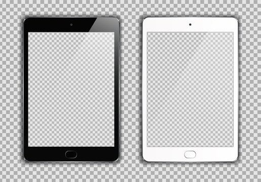 New Realistic set of White and Black Tablet PC Computer on transparent Background. Can Use for Template, Project, Presentation or Banner. Electronic Gadget, Device Set Mock Up. Vector Illustration