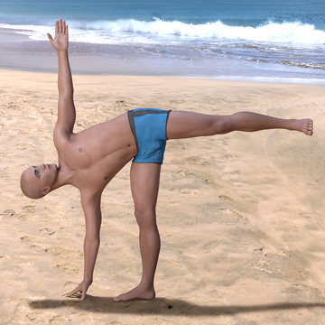 Bald man wearing blue briefs practising the ardha chandrasana yoga pose on a sandy beach, standing on right foot. Square 3d render.