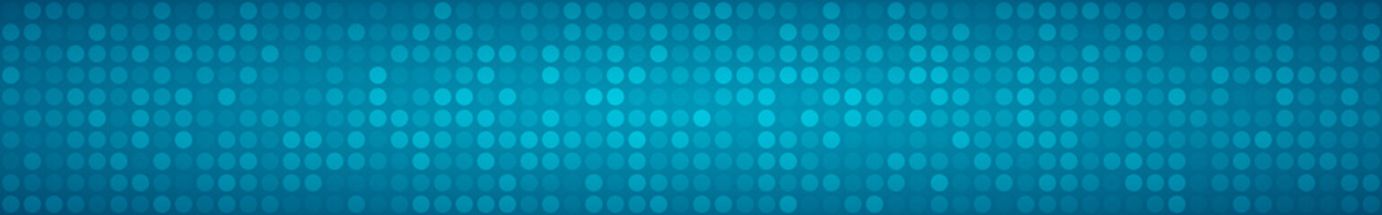 Abstract horizontal banner or background of small circles or pixels in light blue colors.