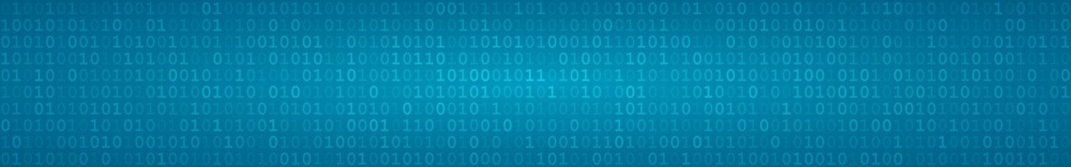Abstract horizontal banner or background of zeros ad ones in light blue colors.