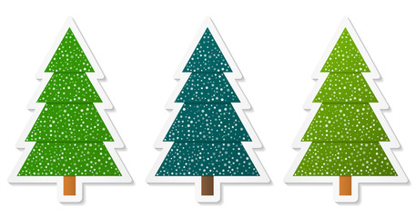 Set of abstract geometric coniferous trees stickers with snow. Three shades of green. Vector EPS 10