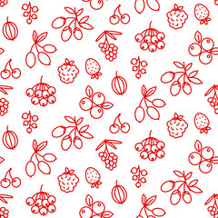 Berries icon pattern superfood rosehip, strawberry, acai, raspberry, juniperus, cranberry, sea buckthorn, cherry, blueberry, goji, blackberry, currant.