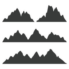 Mountain silhouettes isolated on white. Set of outdoor design elements. Vector mountain ridges.