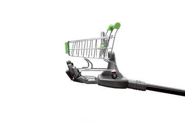 Robot hand with shopping cart basket isolated on white background.