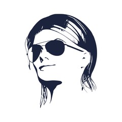 Portrait of beautiful woman in black sunglasses. Short hair.